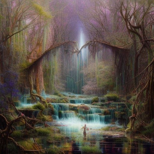 Mysterious Forest Valley with Rope Bridge