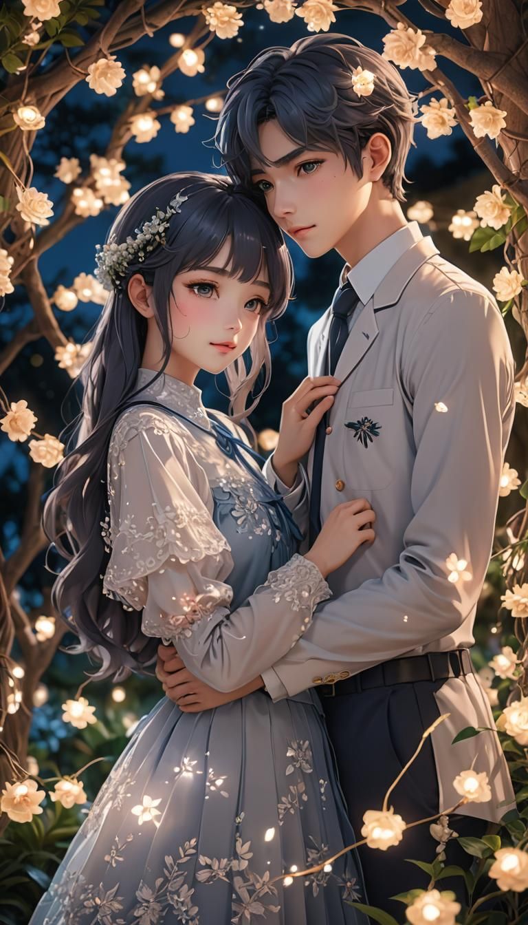 Romantic Anime Embrace in Moonlit Garden