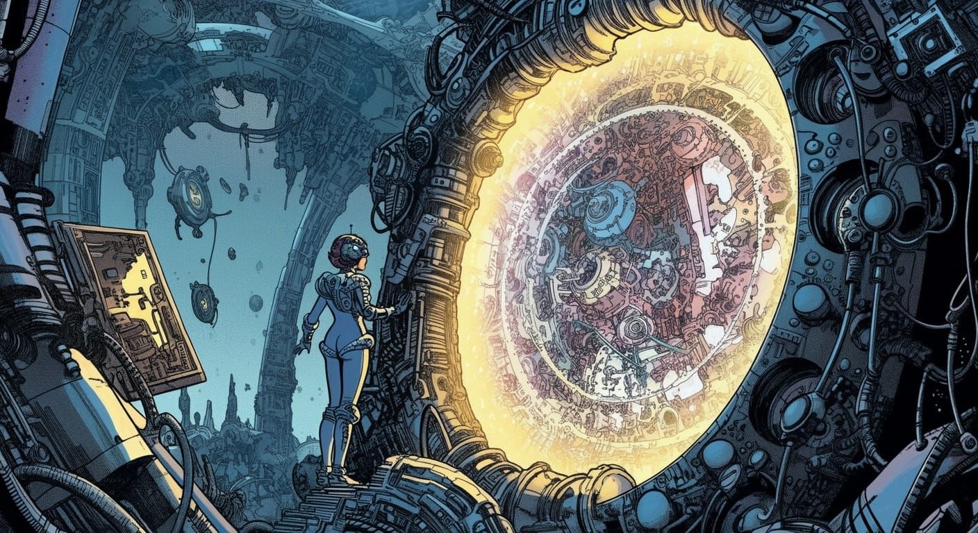 A portal in the middle of a spaceship landfill