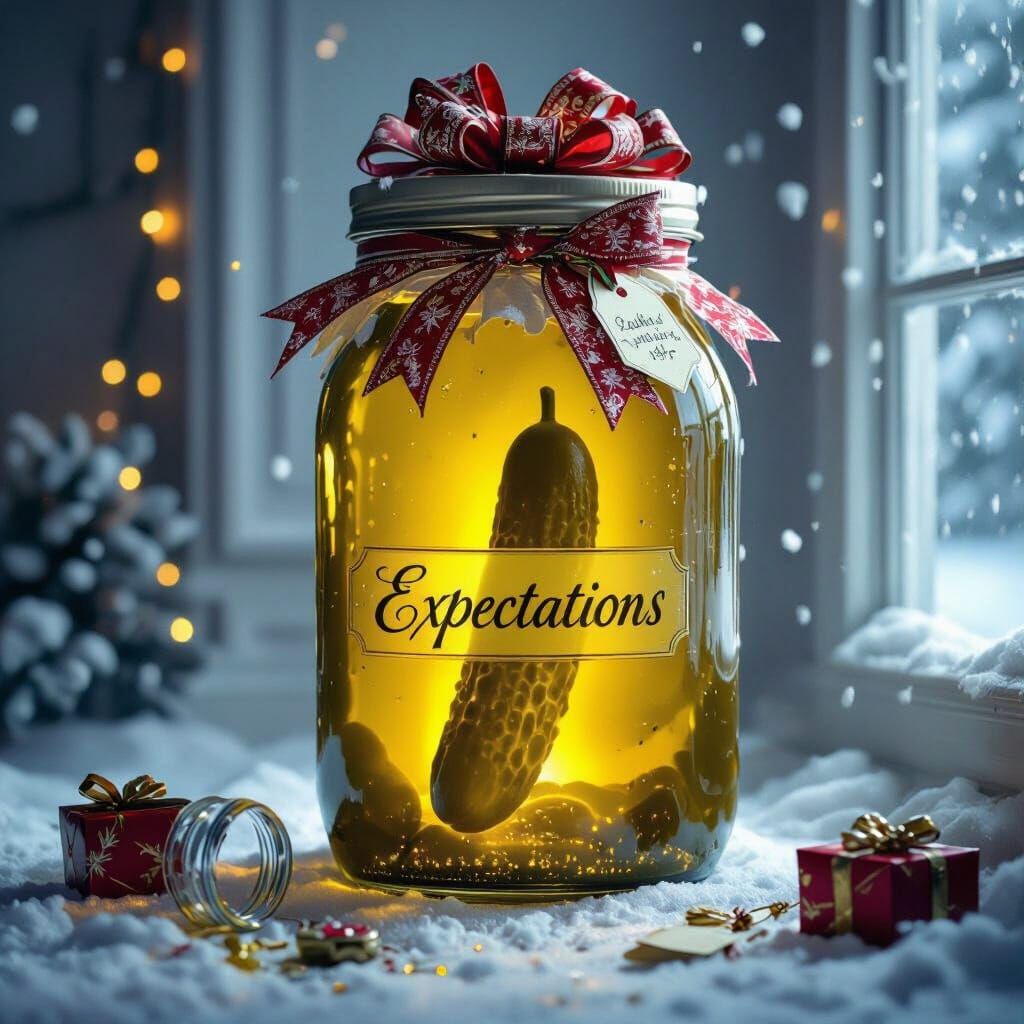 Surreal Holiday Still Life: Giant Pickle Jar of Expectations