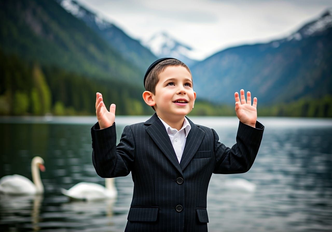 Joyful Haredi Boy Exults in Alpine Landscape