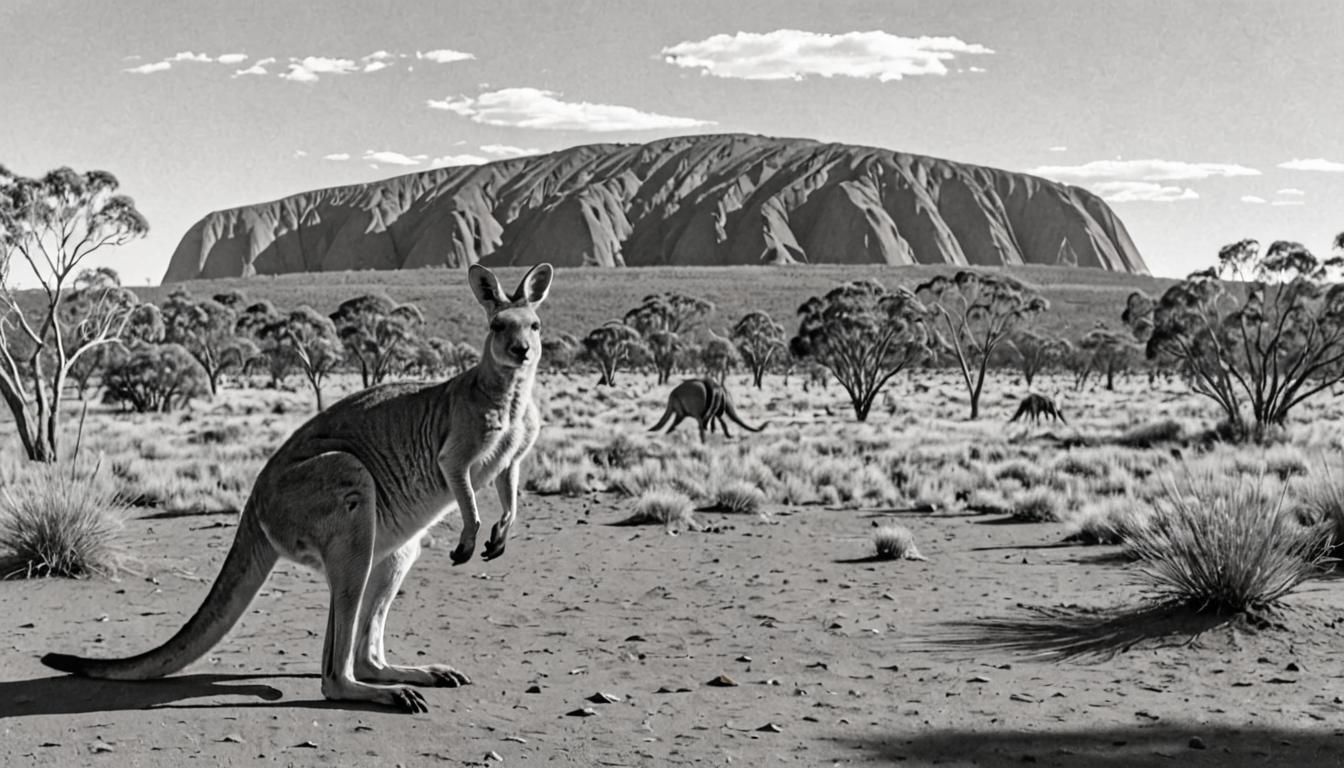 Kangaroo and Uluru: Pencil Sketch Masterpiece