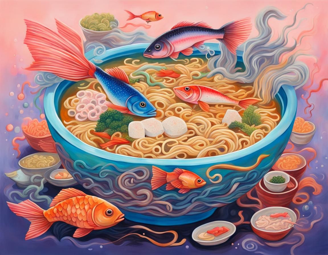 Surreal Ramen Bowl with Fish, Acrylic Painting