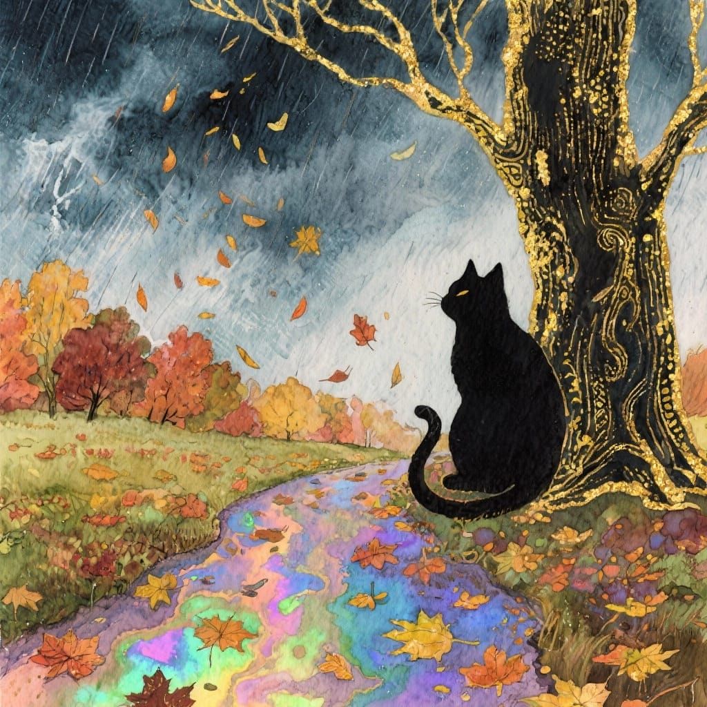 Lonesome Cat in Autumn Landscape Alcohol Ink Illustration