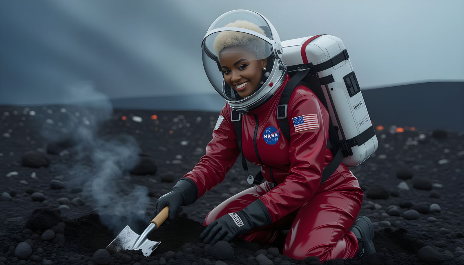 Somalian Astronaut on Volcanic Moon Digging Samples