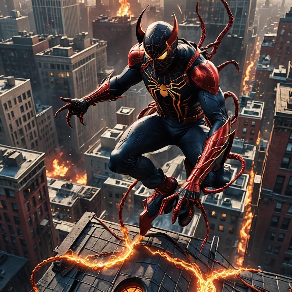 Devil Spider-Man on Gothic Rooftop: Fantasy Art