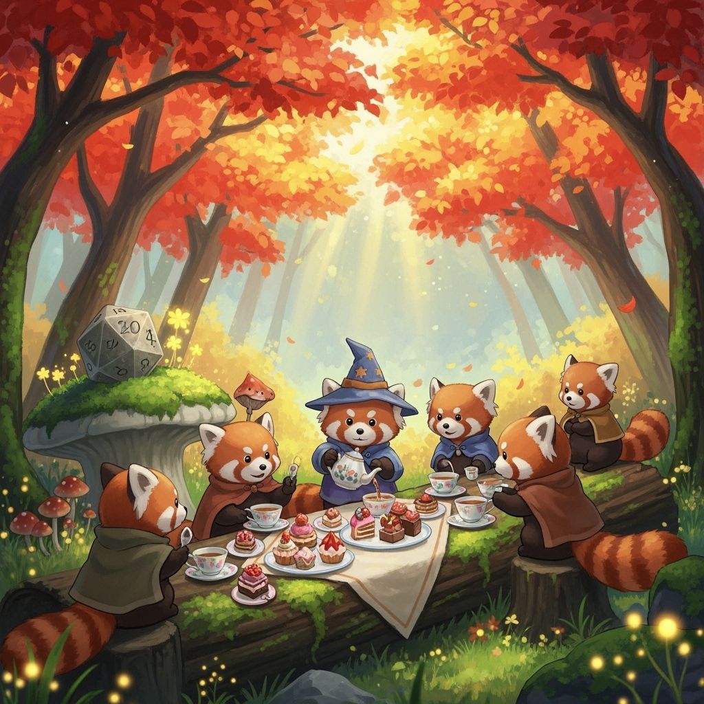 Red Pandas Enjoy a Whimsical Tea Party in Autumn Grove