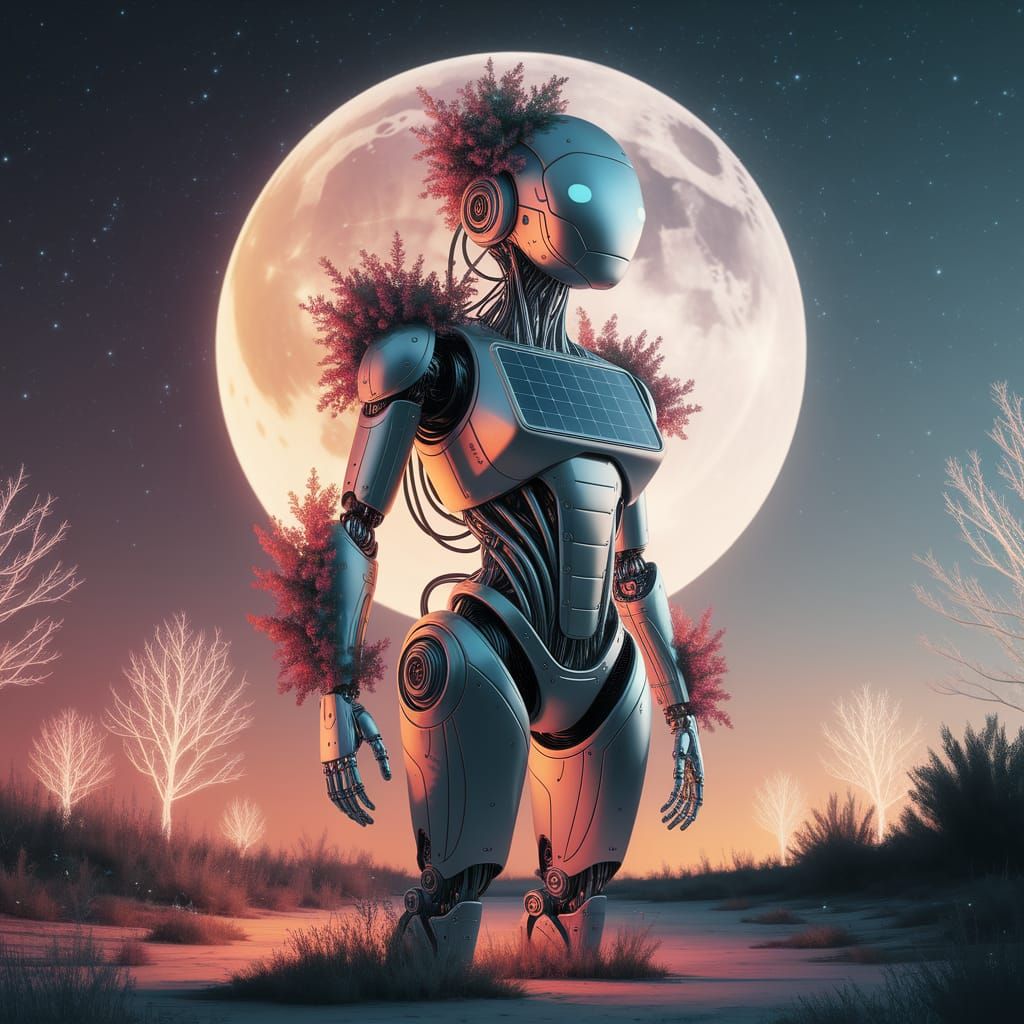 Robotic Being Adorned with Flora Under Moonlight