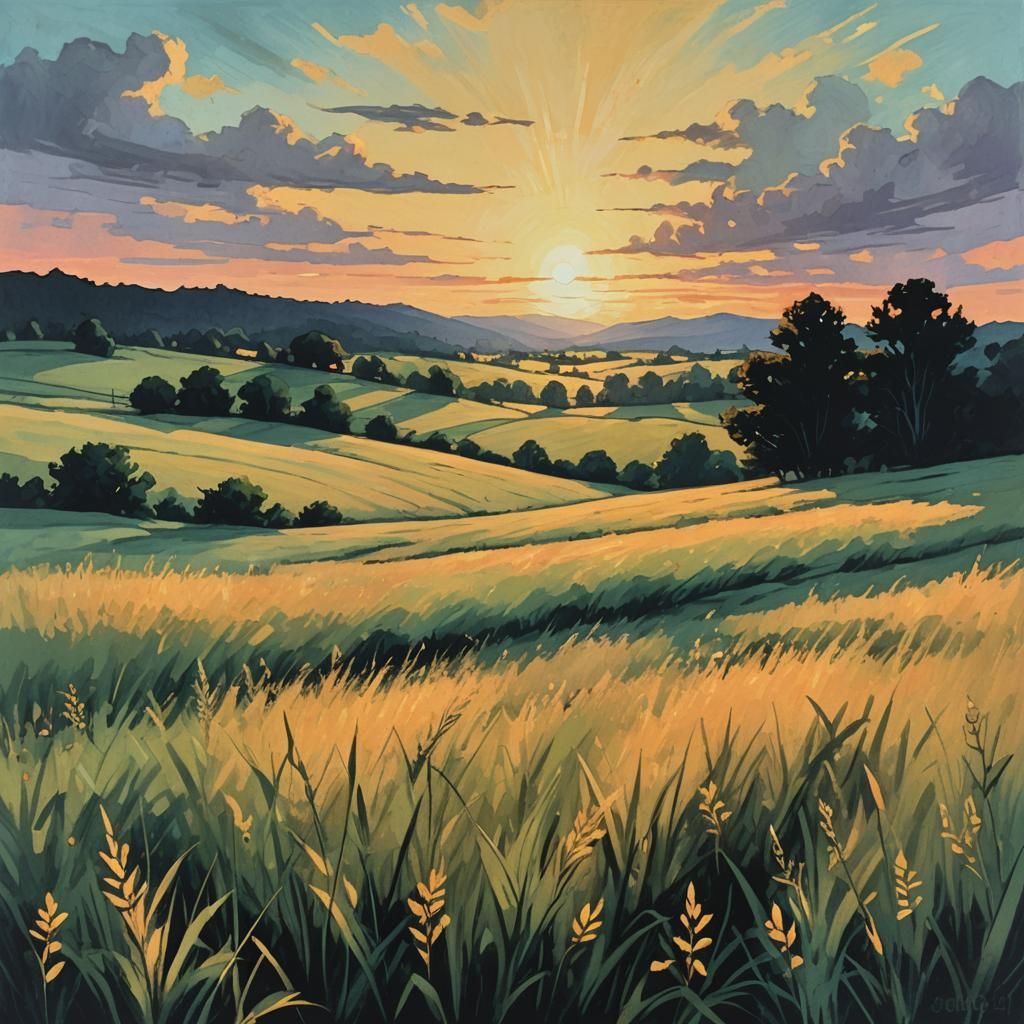 Comic Noir Expressionism: Serene Golden Meadow