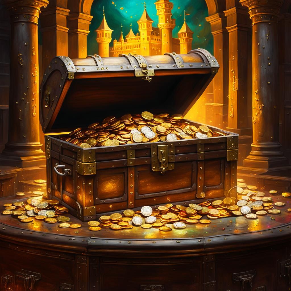 Treasure Chest Overflowing with Jewels as Oil Painting
