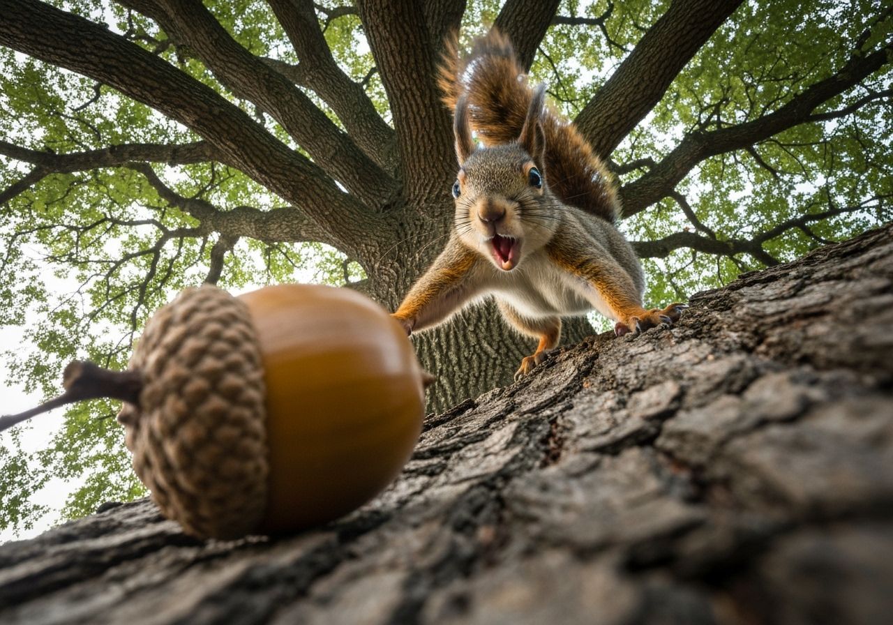 Squirrel Leaping for Acorn in Ancient Oak Tree