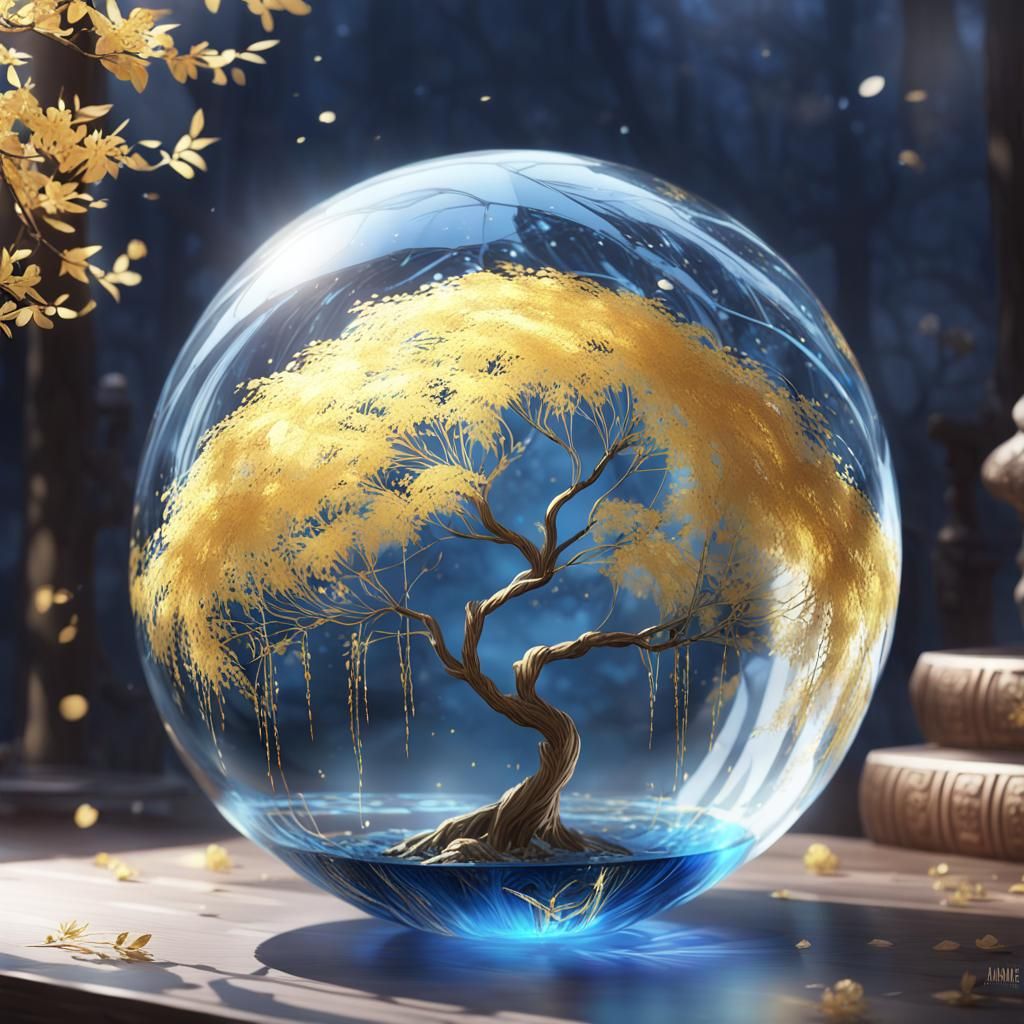 Glass Orb with Weeping Willow Blossoms: 3D Anime Art