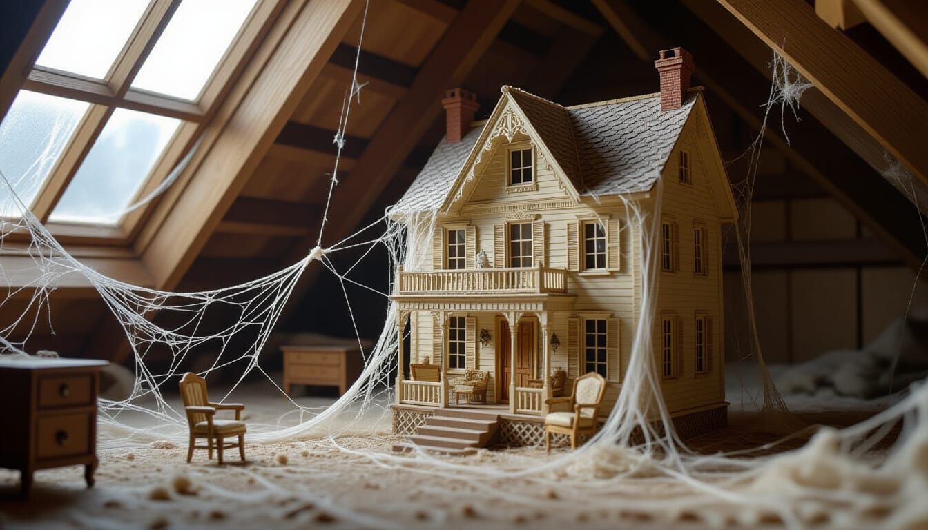 Intricate Spiderweb Dollhouse in Dusty Attic