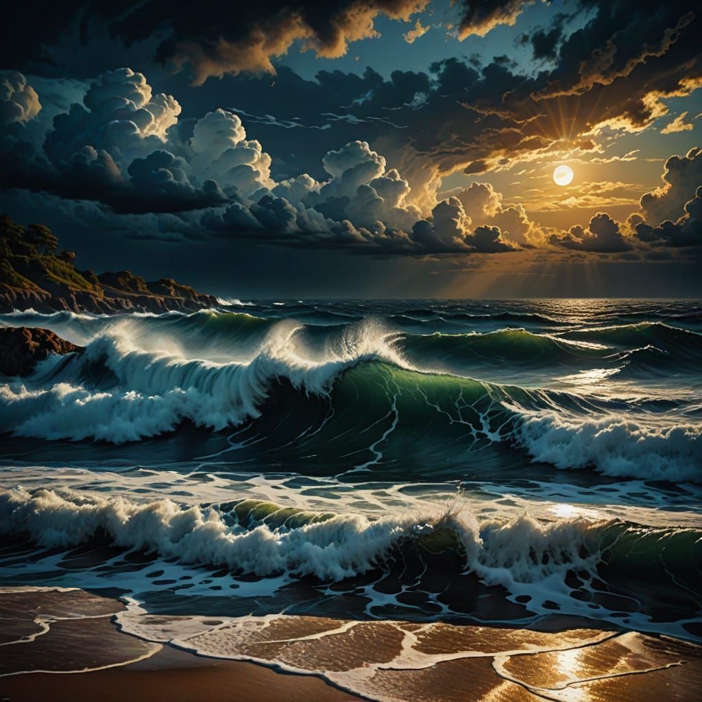 Stormy Sea in Impressionistic Style with Moonlight