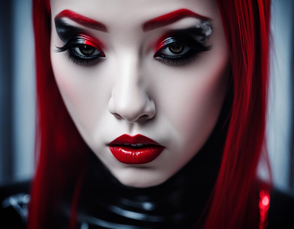Gothic Noir: Futuristic Japanese Woman with Red Accents
