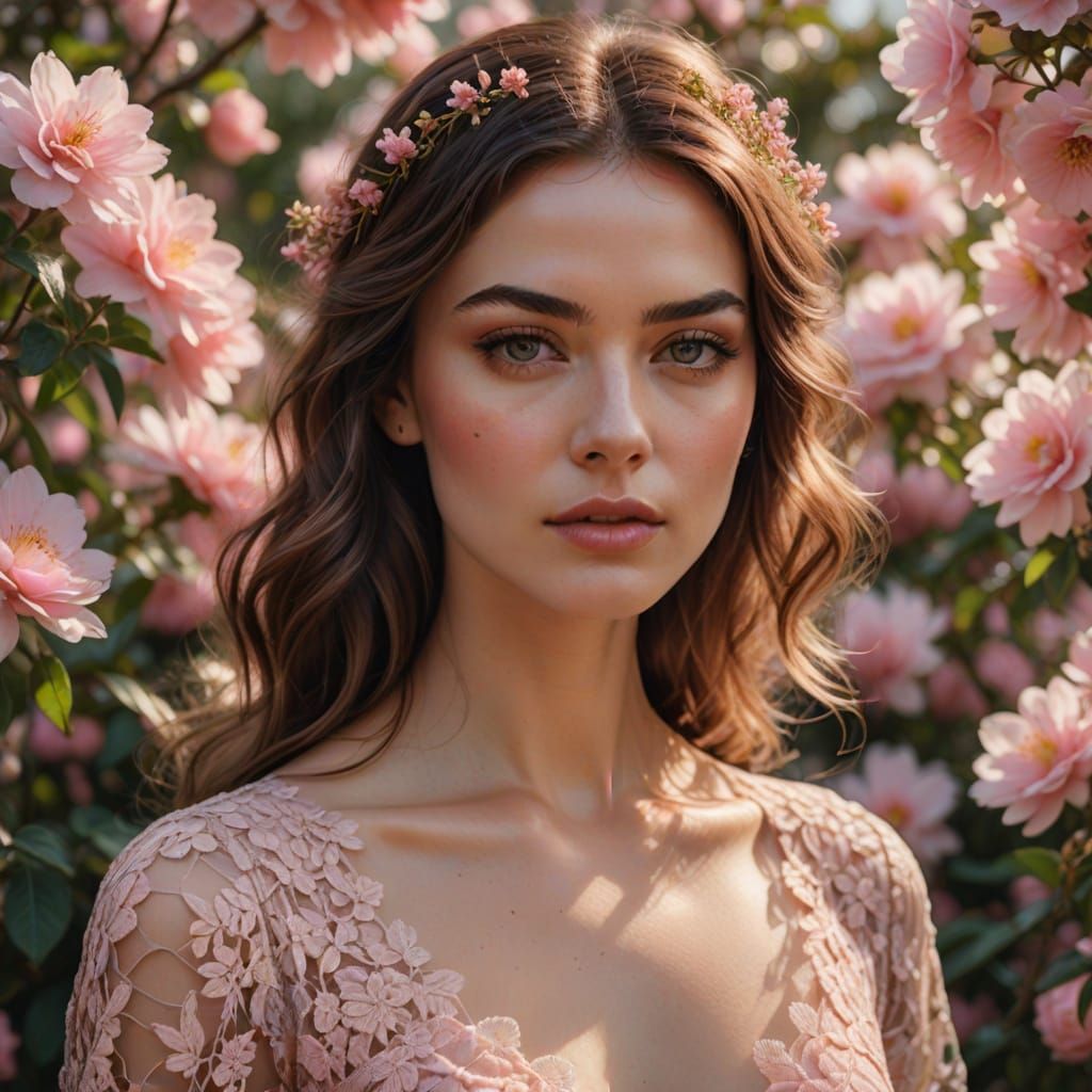 Blonde Woman Surrounded by Pink Flowers: Vibrant Oil Paintin...