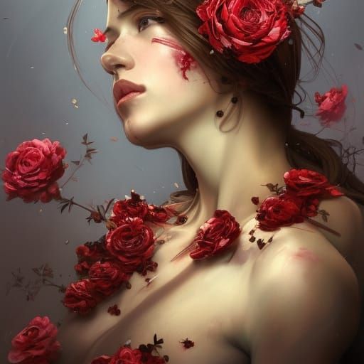 Crying Woman in Roses: Detailed Portrait