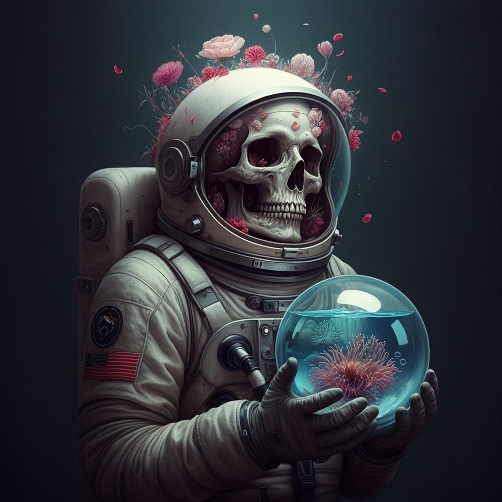 Surreal Space Fantasy: Astronaut Surrounded by Petallic Flow...