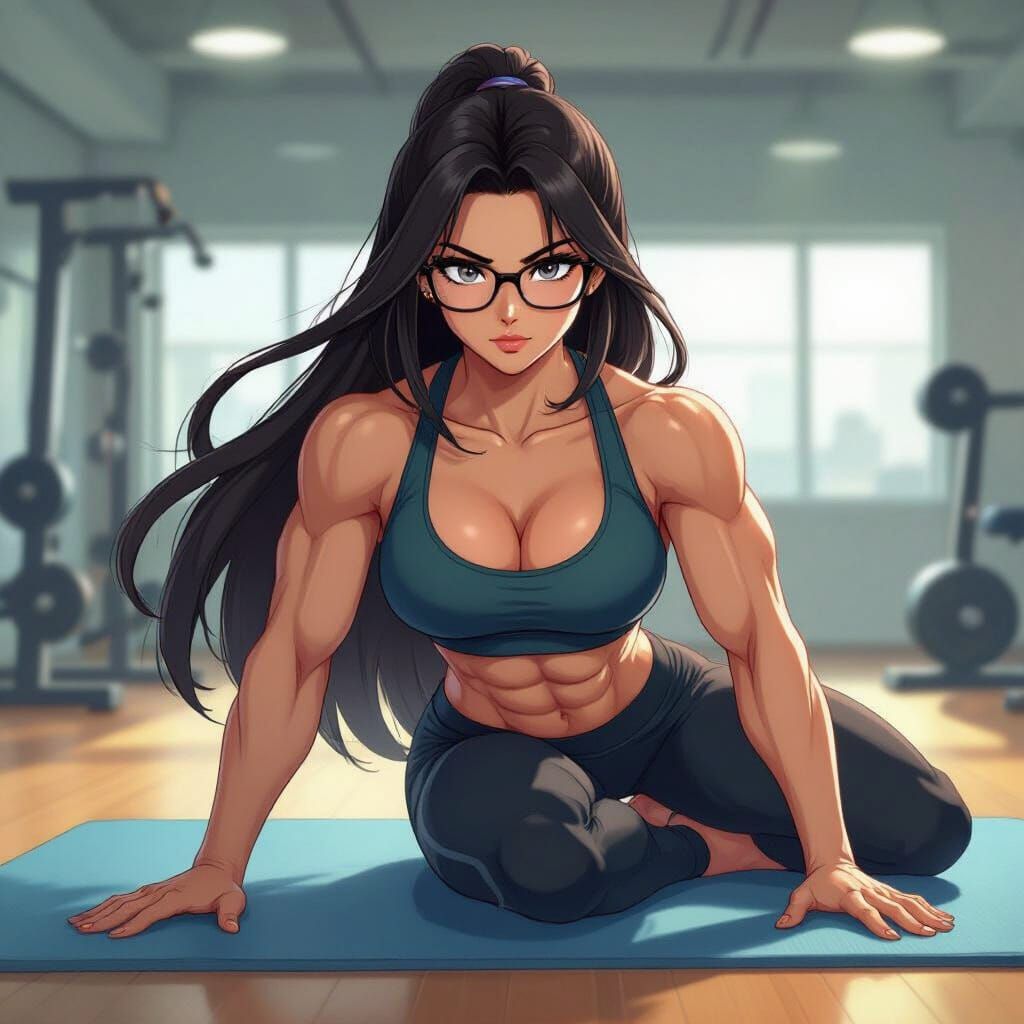 Anime Style Japanese Bodybuilder Does Crunches