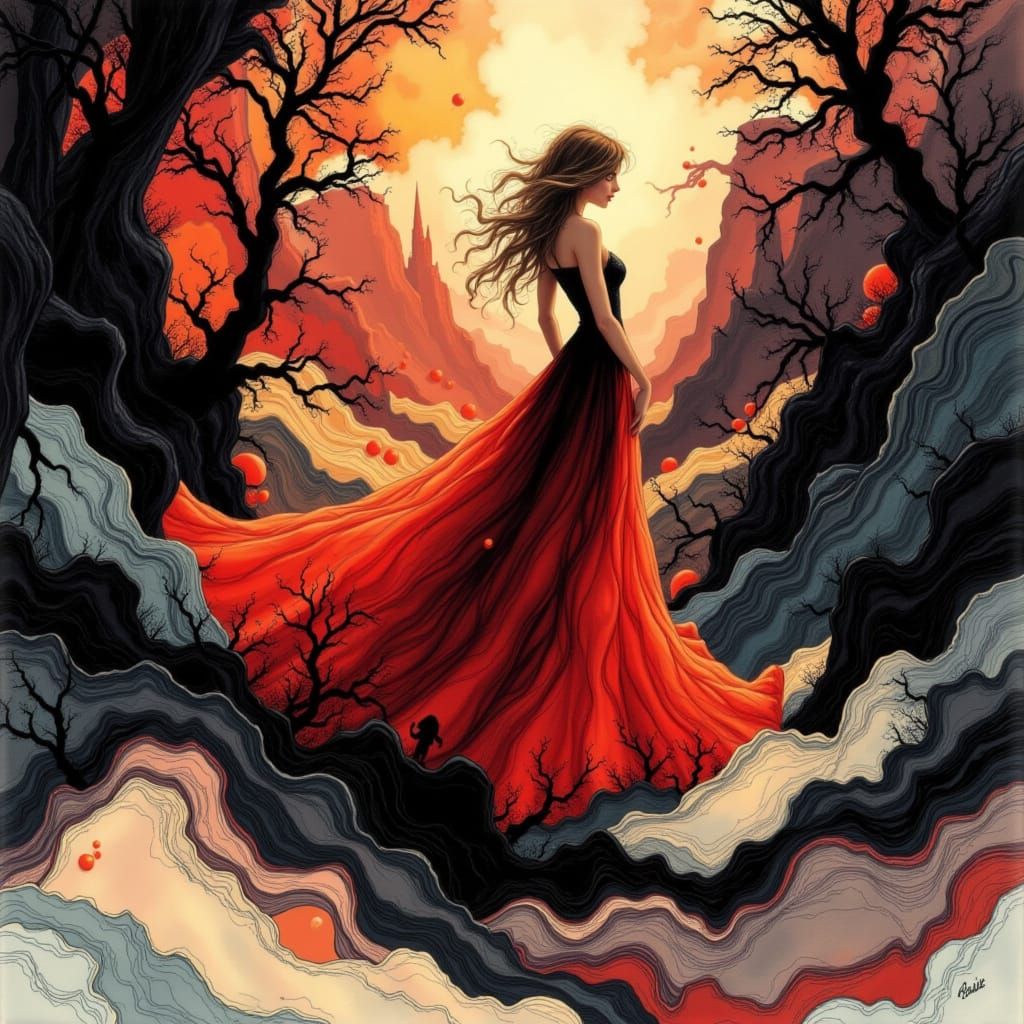 Ethereal Noirscape Gown on a Blonde Woman Dancing Across the...