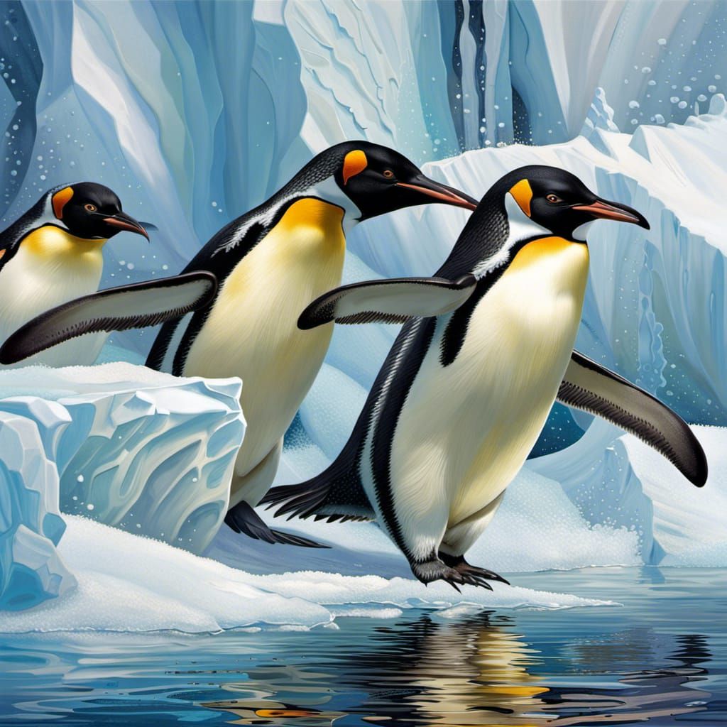 Penguins Dive into Antarctic Ocean: Hyperrealistic Splash Ar...