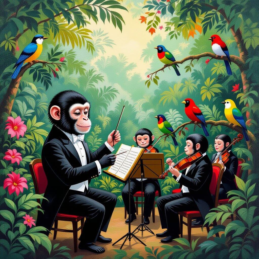 Monkey Conductor in Rainforest, Rousseau Style