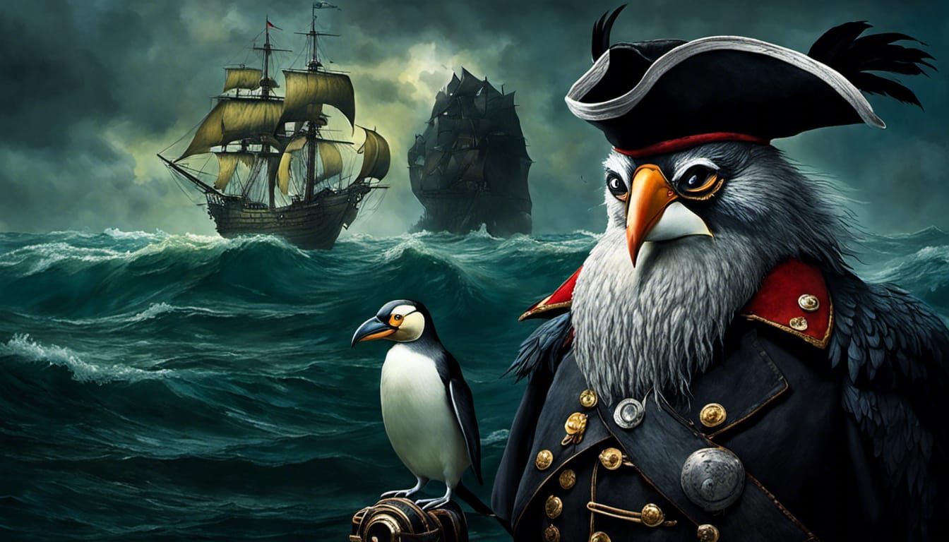 Penguin Pirate Captain in Storm, Animated Style
