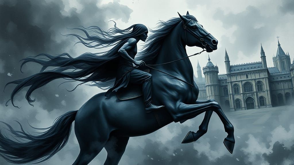 Shadow Being Rides Horse in Hyperdetailed Watercolor