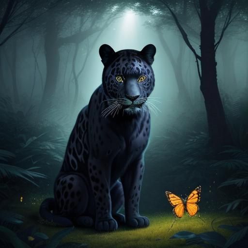 Black Leopard Gazing at Butterfly in Mystical Forest