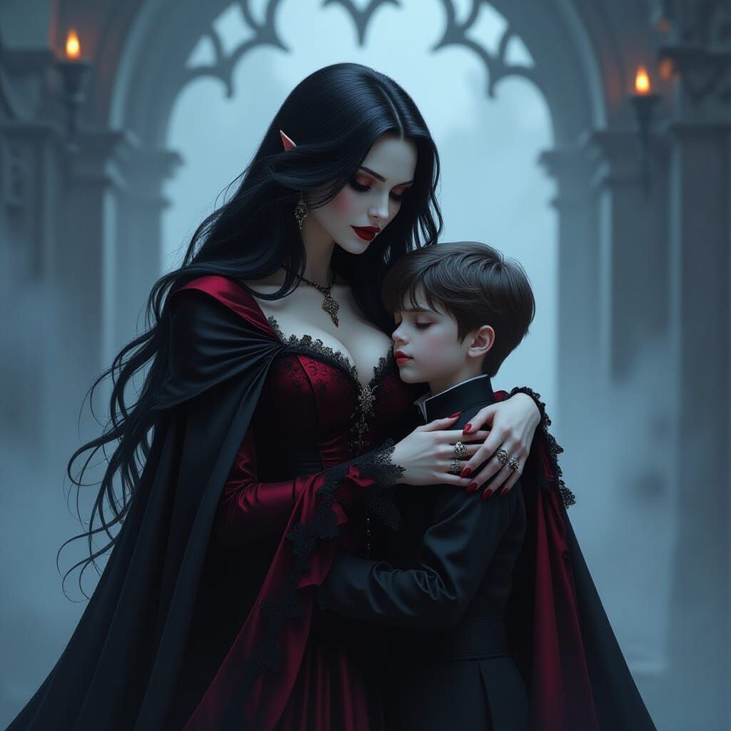 Gothic Vampire Mother Cradles Son in Moody Scene