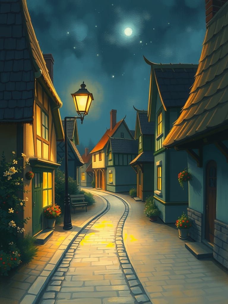 Dreamy Night Village Street Lamp Illustration