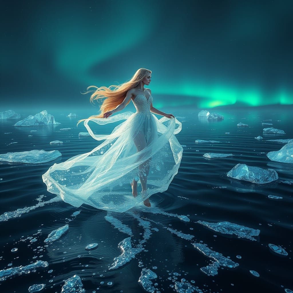 Ethereal Ice Goddess in a Dreamlike Oceanic Landscape