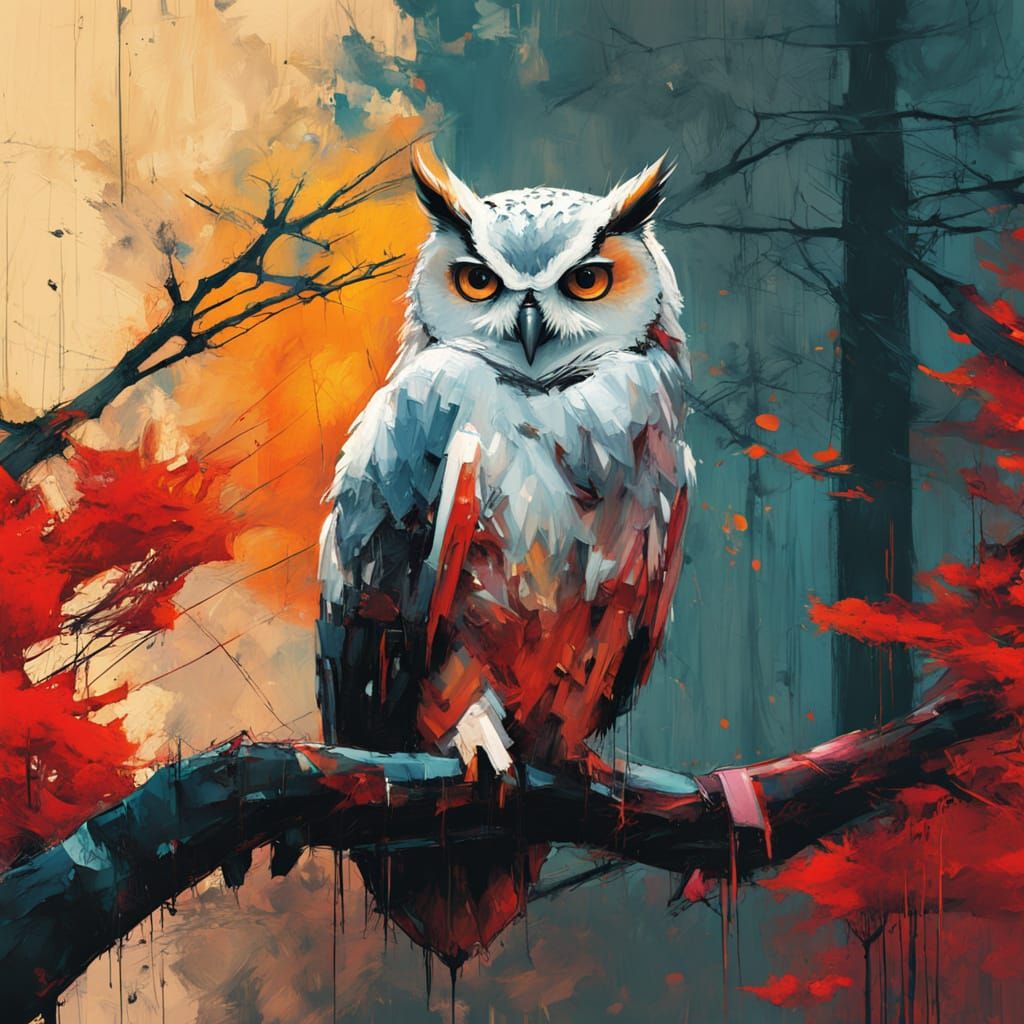 Surrealistic Expressionist Owl in Vibrant Sunset Forest