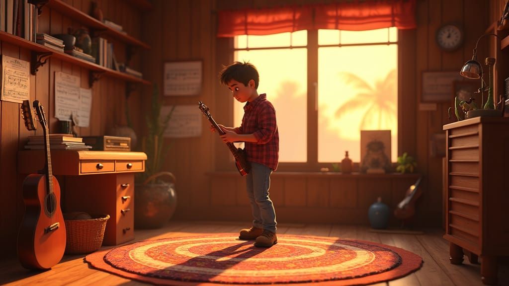 Cozy Music Studio Scene in Pixar Style