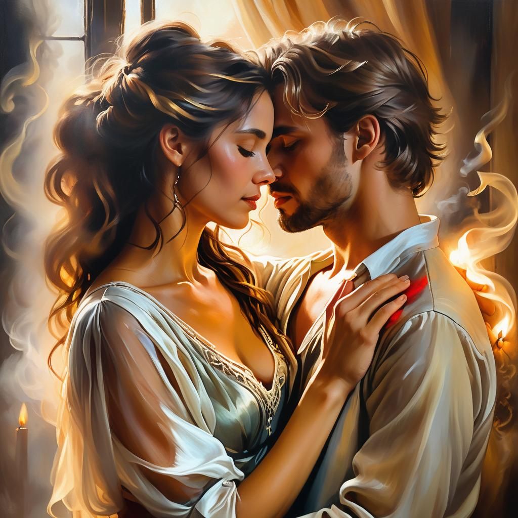 Romantic Portrait of Embracing Couple in Oil Painting