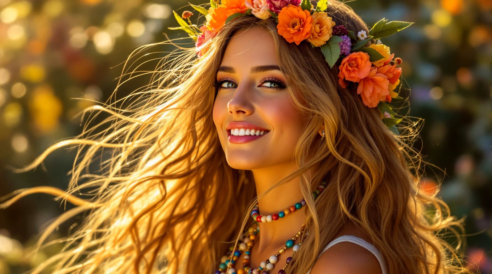 Bohemian Lady with Floral Accents and Golden Glow