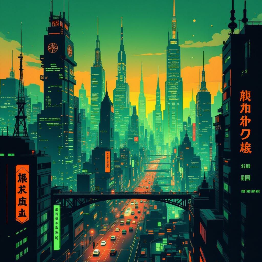 Hyperrealistic Cityscape in Neon Green and Orange