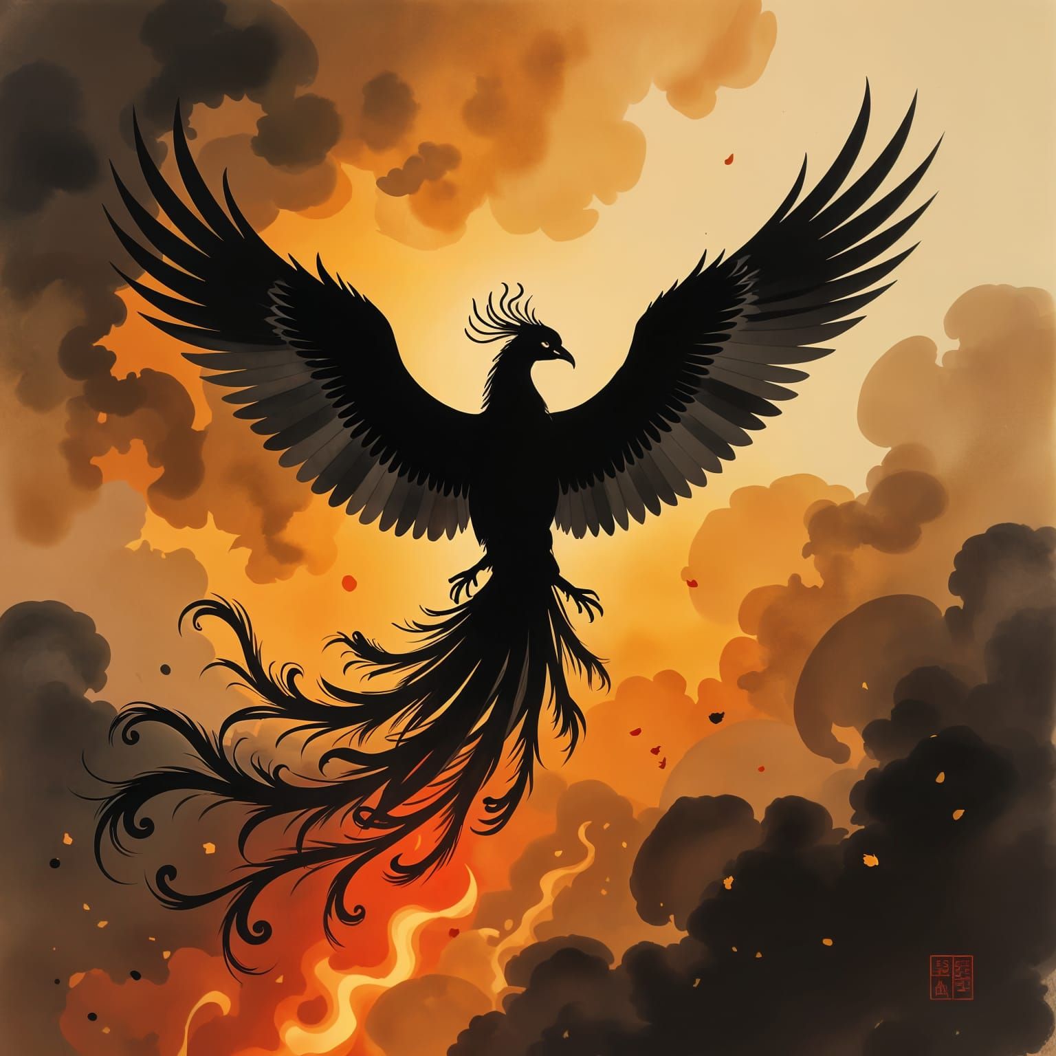 Phoenix Rises in Sumi-e Ink Wash Style