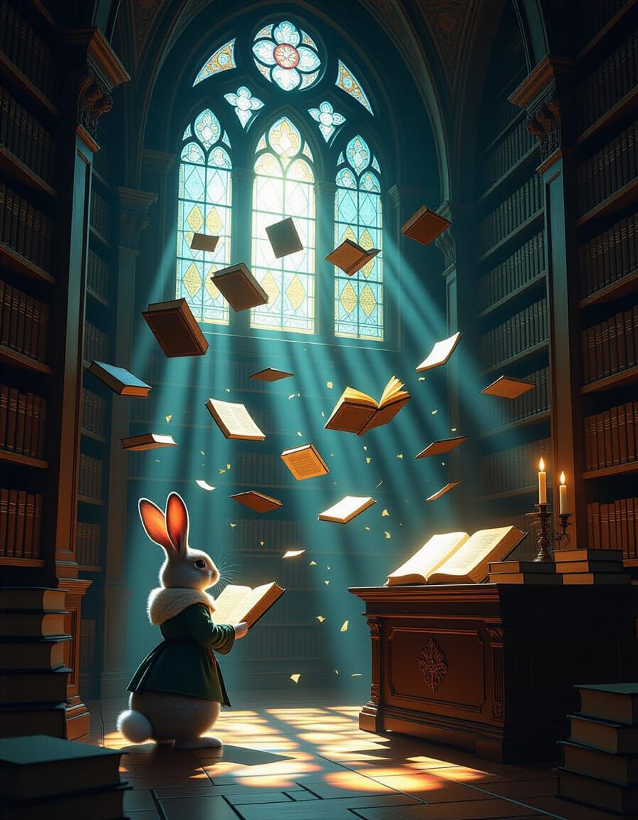 Magical Library with Floating Books and Rabbit Librarian