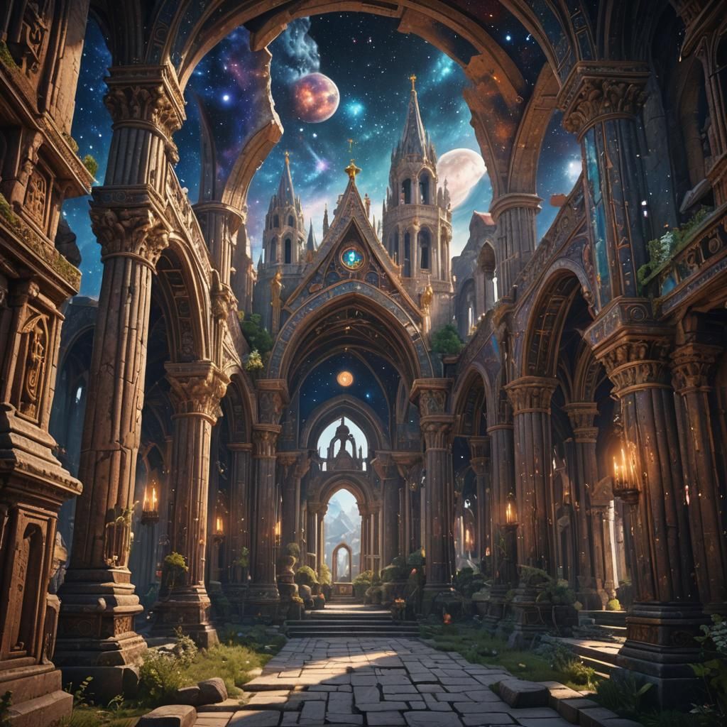 Monastery with Galaxy Pillars: Fantasy Concept Art