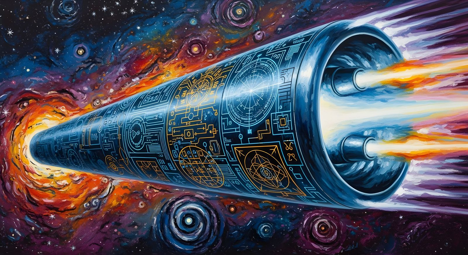 High-Velocity Cylinder Races Through Impasto Cosmos