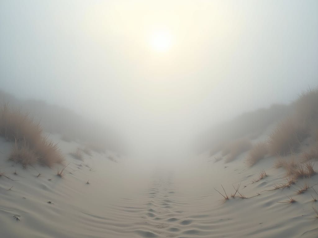 Desolate Winter Beach in Atmospheric Mist