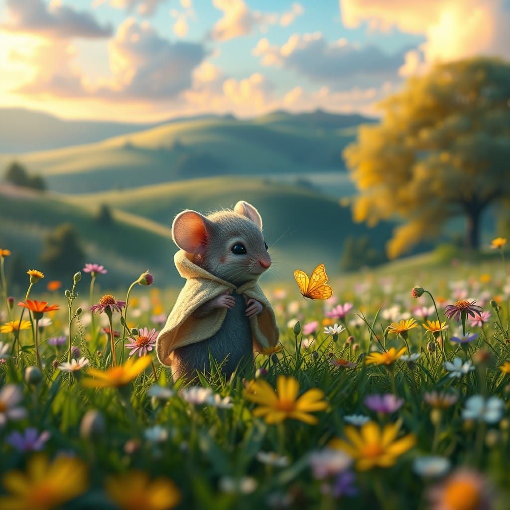 Whimsical Mother Mouse Plays with Her Baby in a Vibrant Mead...