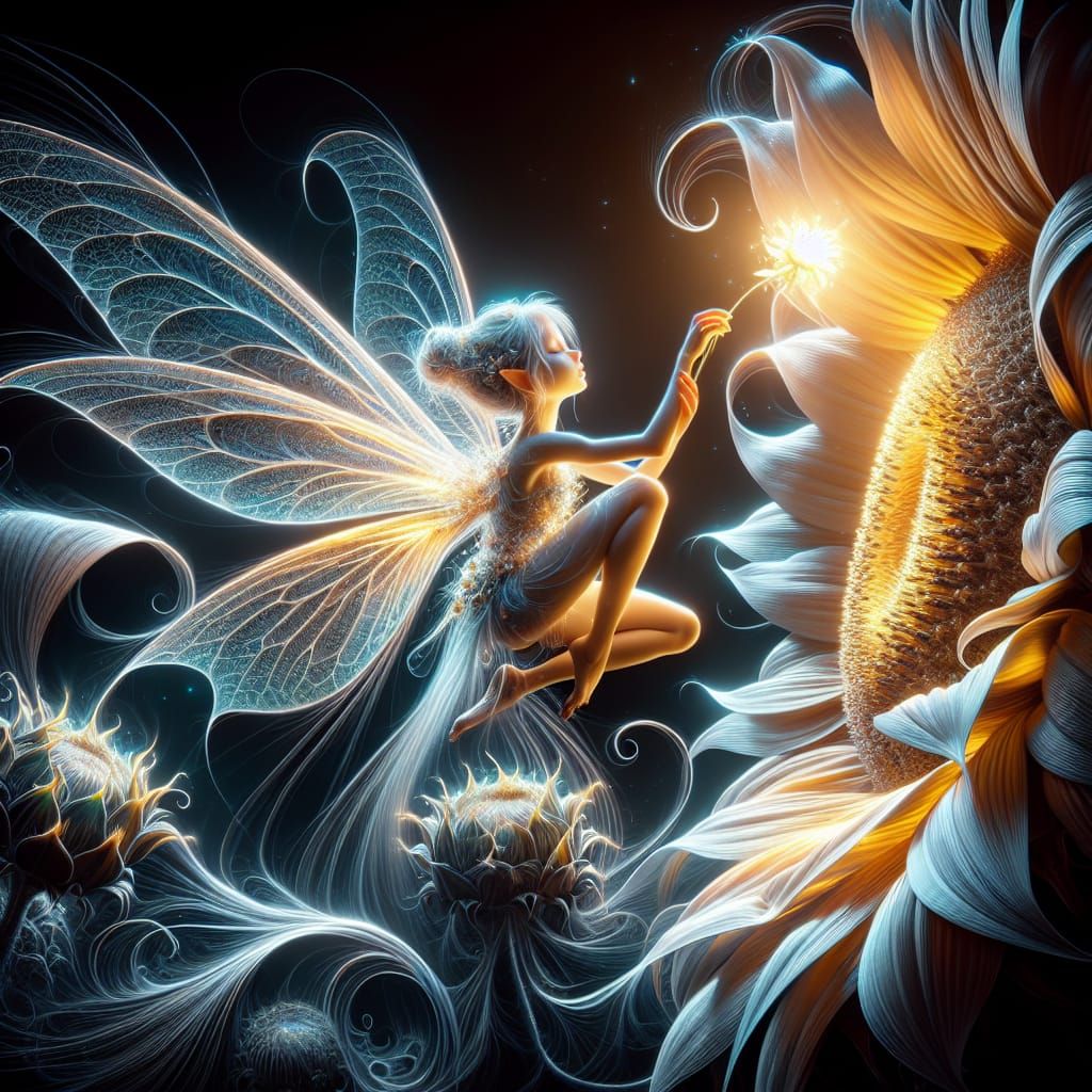 Luminescent Fairy Clinging to Sunflower in Surreal Style