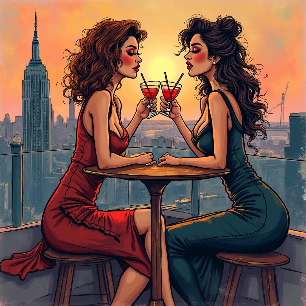 Pop Art Ladies Enjoying Cocktails at Dusk