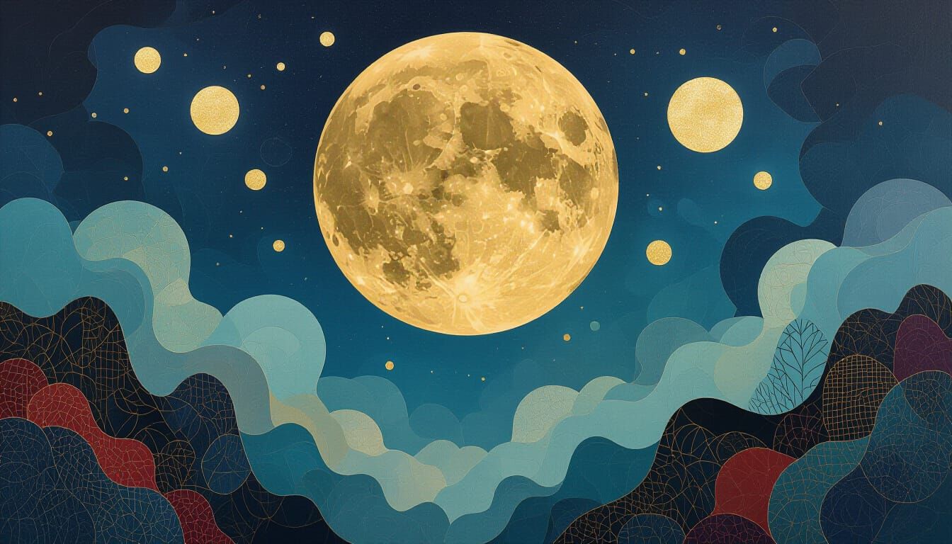 Dreamy Moonlit World with Scarlet Rain and Gold Leaf