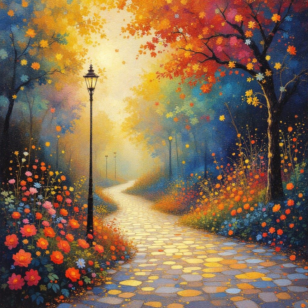 Ornamental Divisionist Street Scene with Golden Luminosity