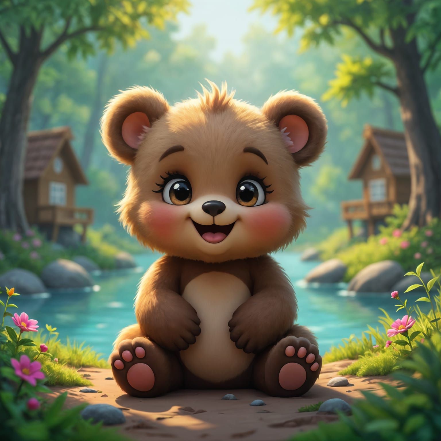 Adorable Chibi Bear Cub Portrait in Forest Setting