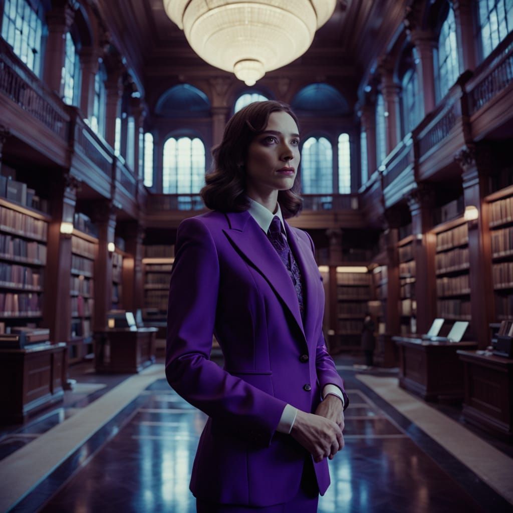Young Woman in Violet Suit in Library: Cinematic Film Still