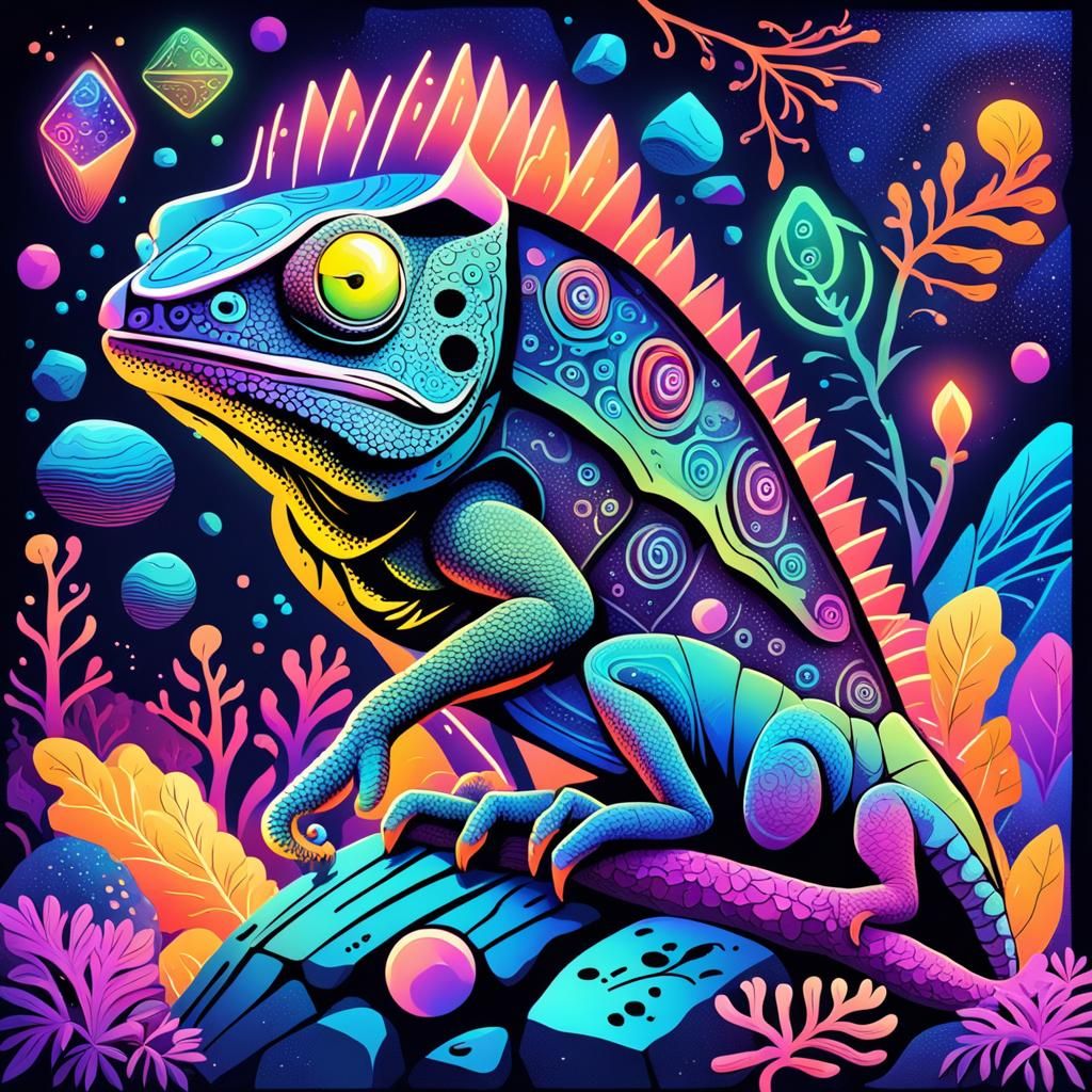 Bioluminescent Chameleon on Magic Rock in Abstract Art